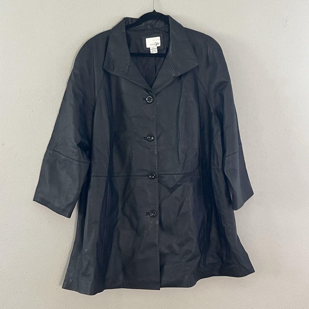 East 5th Black Genuine Leather Jacket Womens 2X Button Front Coat‎ Sleek Clean - Picture 2 of 9